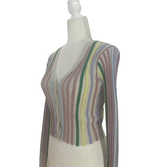 Lulus NWT Eye-Catching Trend Taupe Multi Striped Ribbed Cardigan Top - Picture 7 of 14